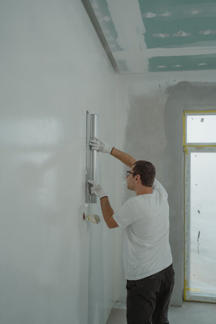 services-01 Adult male painting interior walls white in a house renovation project.